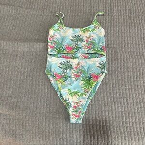 Skatie Tropical Print One Piece Swimsuit with cutout NWOT